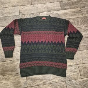 VTG Stone Haven Coogi Style Knit Sweater Large Green Red Geometric Textured